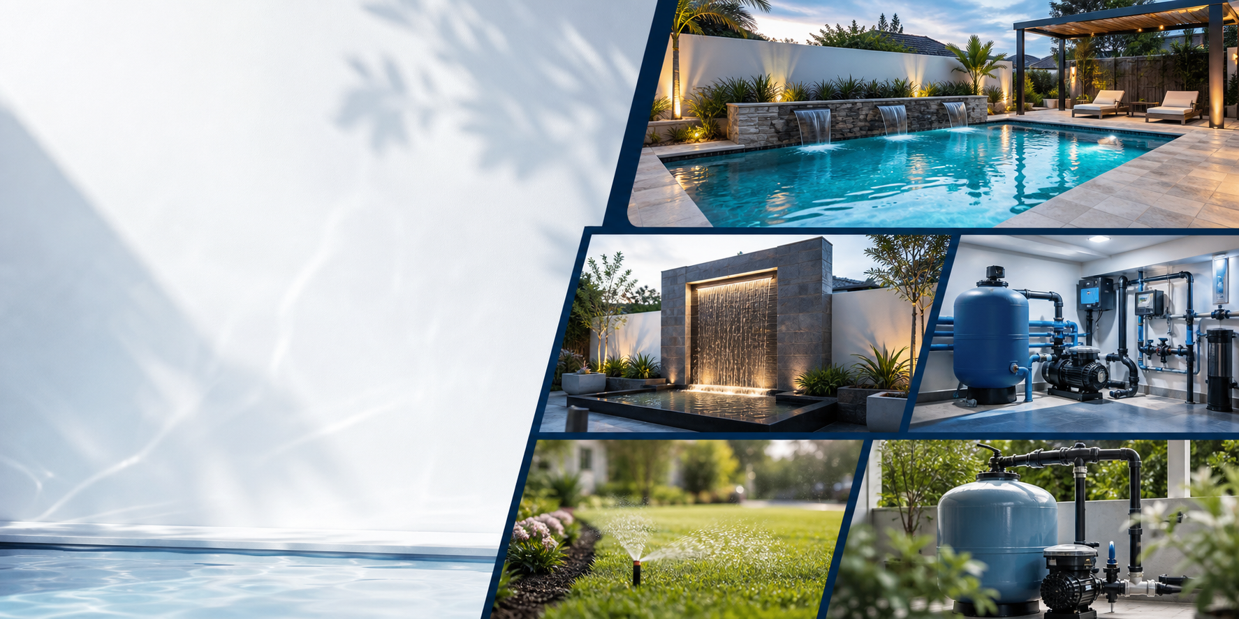 Collage moderno de proyectos de piscinas, fuentes, sistemas de agua y paisajismo