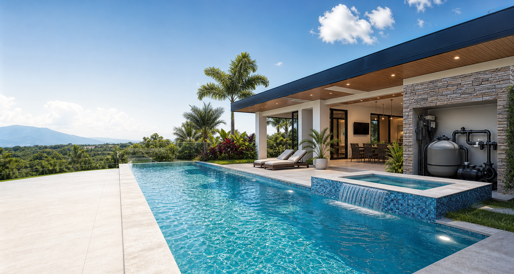 Piscina residencial moderna con equipo técnico integrado